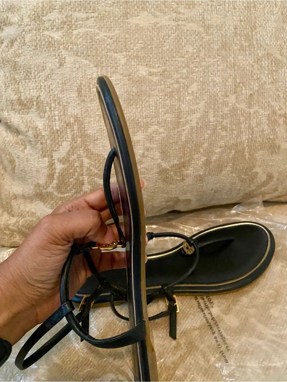 Tory Burch Black Leather T-Strap Sandals with Gold Accent